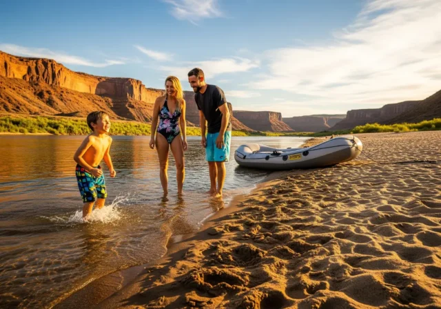 family-rafting-guide A young family with a small child enjoying a sunny day on a sandy river beach next to their raft.