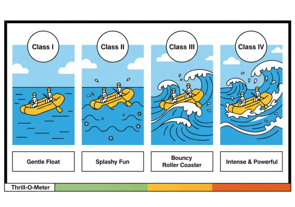 An infographic explaining river classifications for families, with four panels from Class I to Class IV. Each panel shows the type of rapid and is labeled with a family-friendly description: 'Gentle Float,' 'Splashy Fun,' 'Bouncy Roller Coaster,' and 'Intense & Powerful.'