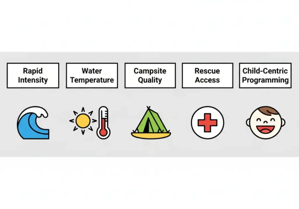 An infographic explaining the five factors of the Family Difficulty & Comfort Index for rafting. Each factor—Rapid Intensity, Water Temperature, Campsite Quality, Rescue Access, and Child-Centric Programming—is represented by a unique icon in a modern cartoon style.