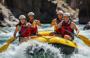 The First-Timer’s Rafting Trip Protocol: A Field Guide A full-body, wide-angle view of four young adults in a yellow raft, paddling together with excitement through whitewater rapids on a sunny day.