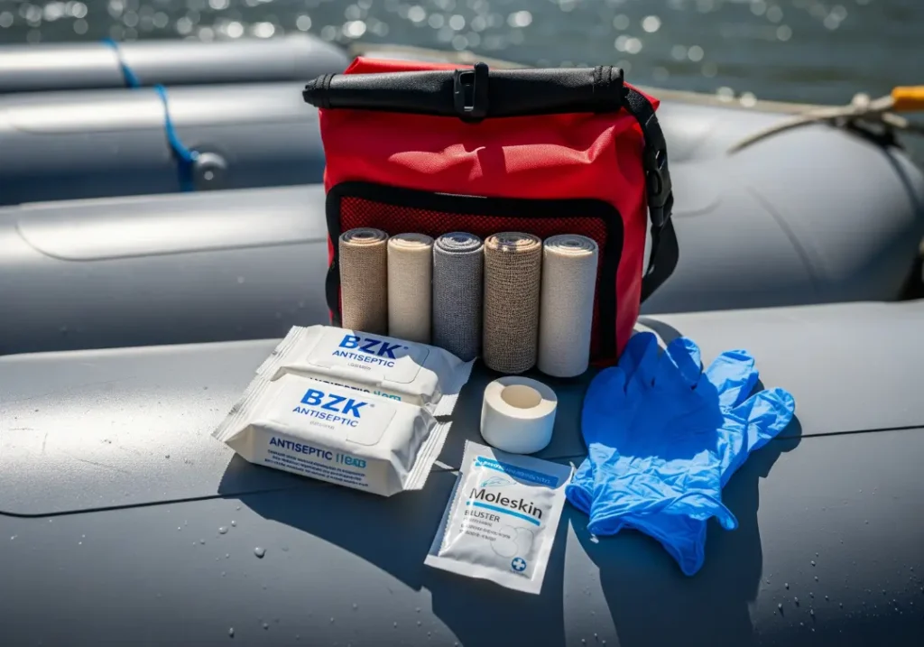 The essential contents of a foundational day-tripper river first aid kit, including bandages and wipes, laid out on a raft seat.