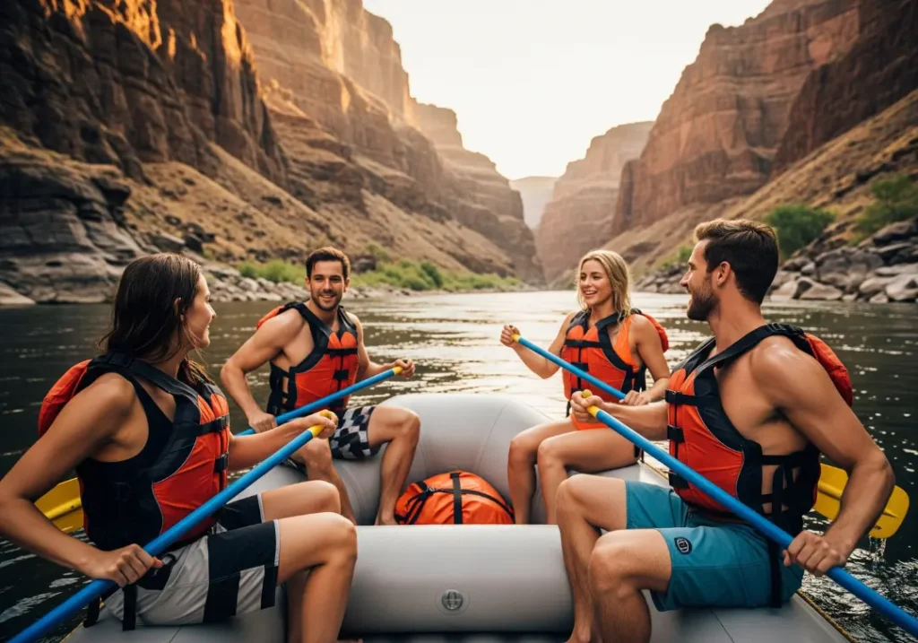 A full-body shot of four friends in swimwear and PFDs paddling a raft together on a calm, scenic river in a sunny canyon.