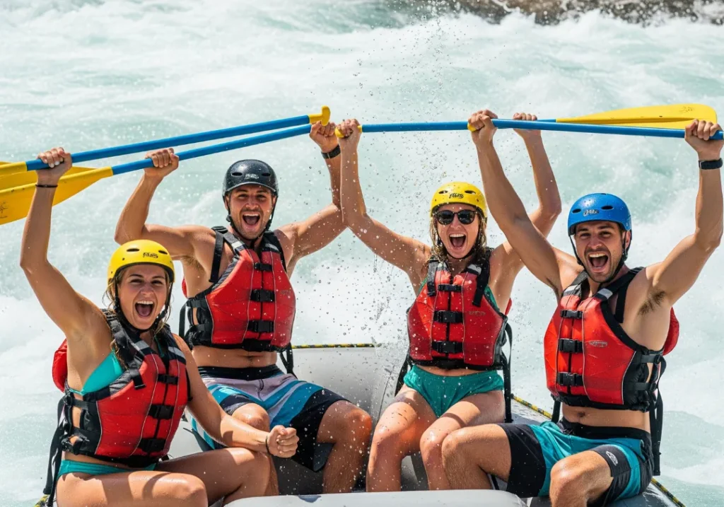 Four friends in their late 20s cheering and raising their paddles in a raft after successfully navigating a whitewater rapid.