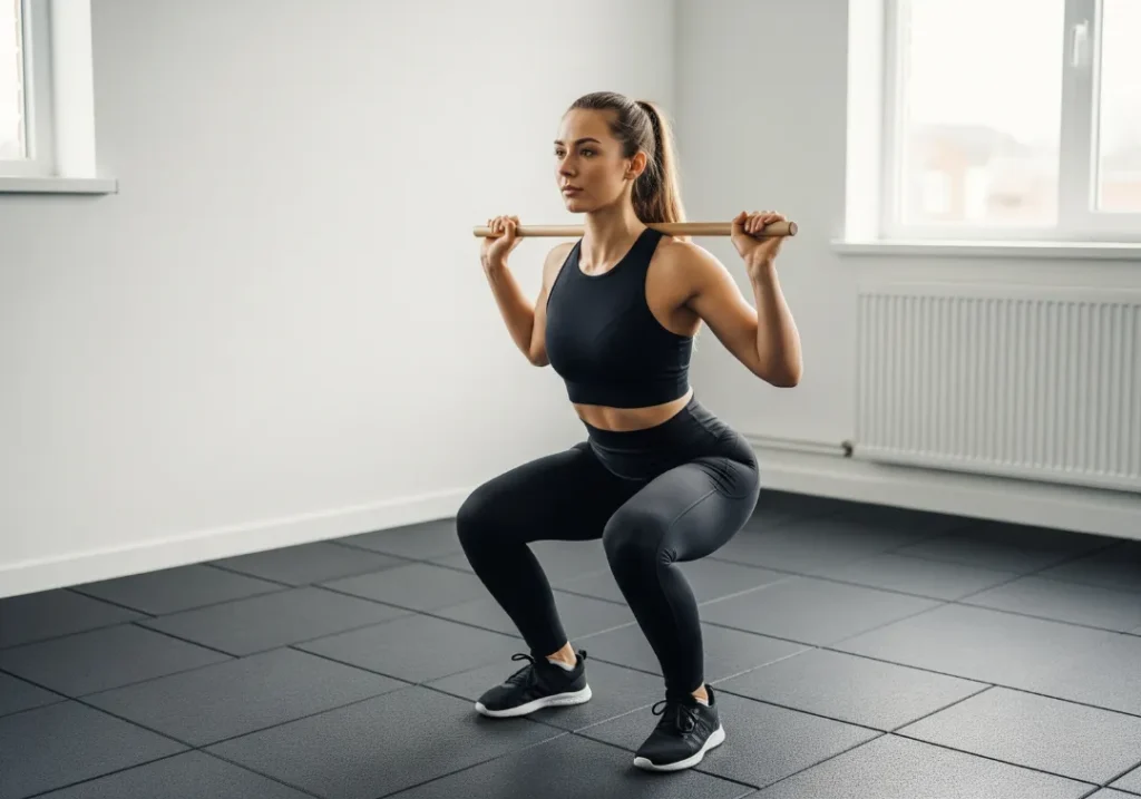 A full-body shot of a fit woman in athletic wear performing a deep squat with a dowel as part of a functional strength assessment.