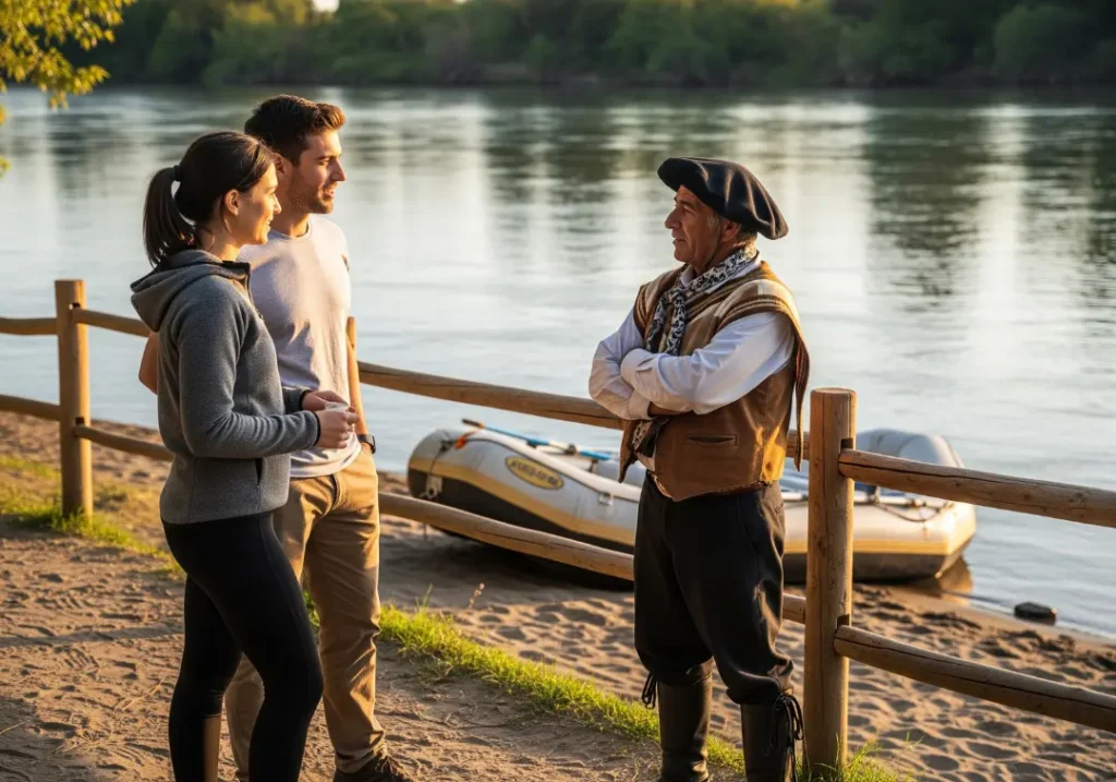 A full-body shot of a young couple talking with a local Chilean gaucho on the banks of the Futaleufu River, representing cultural immersion.
