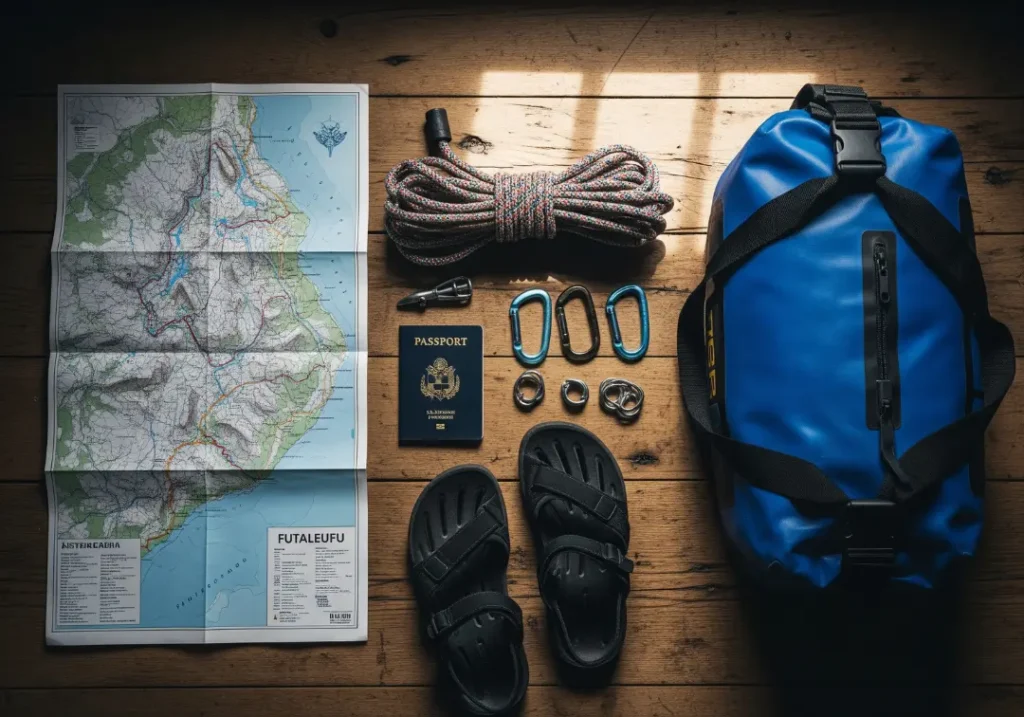 An overhead view of rafting expedition gear, including a map of Patagonia, a passport, and a waterproof bag, laid out on a wooden floor.