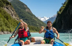 Futaleufu Rafting Guide: Flow, Severity & Trip Planning A man and woman in their late 20s, wearing PFDs, paddle a raft together down the bright turquoise Futaleufu River in Patagonia.