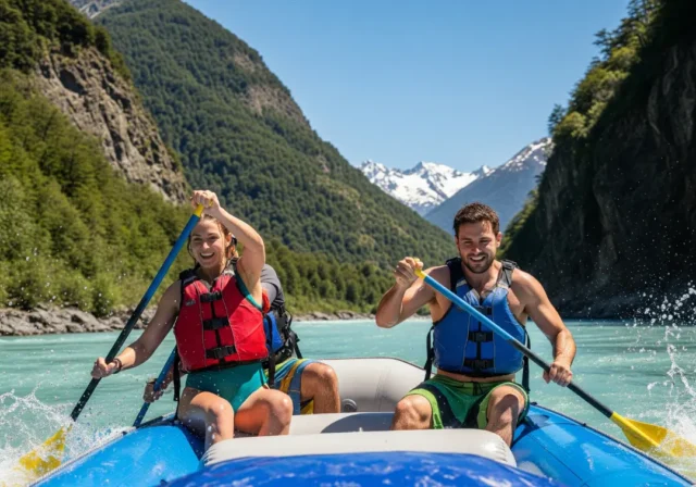 futaleufu-rafting-guide-couple A man and woman in their late 20s, wearing PFDs, paddle a raft together down the bright turquoise Futaleufu River in Patagonia.