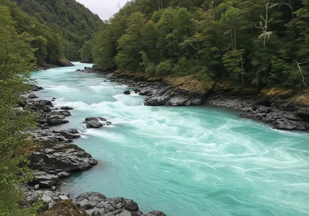 A view of the Futaleufu River's uniquely vibrant turquoise water flowing past dark rocks and a lush green Patagonian forest.