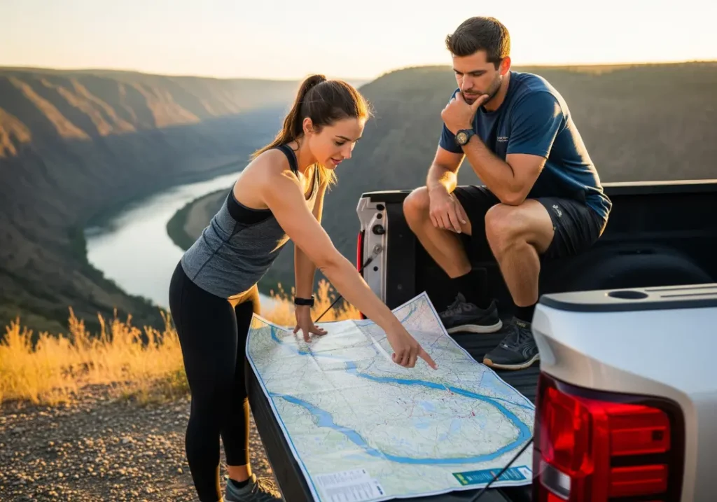 Full-body shot of a fit man and woman in athletic wear standing at the back of a truck, looking at a large river map to plan an adventure.