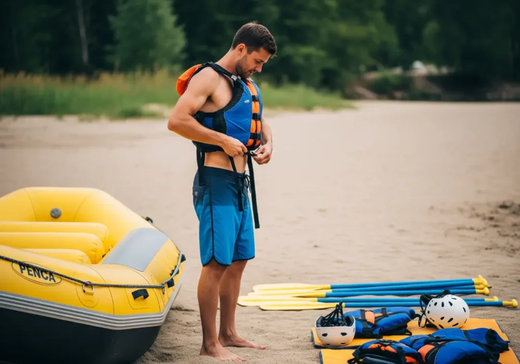 A full-body view of a fit man in boardshorts standing on a riverbank, carefully inspecting a life jacket before a rafting trip.