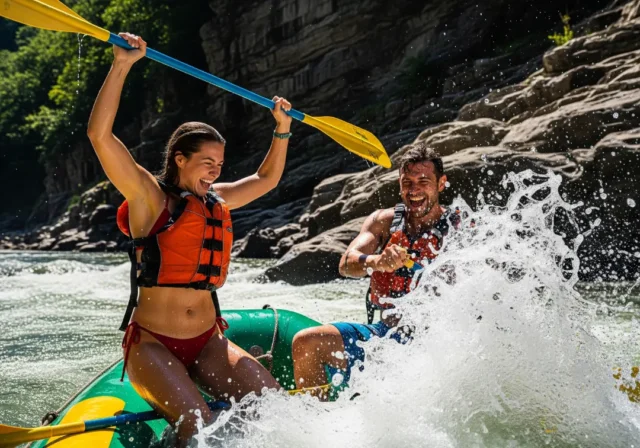 gauley-river-rafting-guide A man and woman in a full-body view, wearing swimwear, celebrate excitedly while whitewater rafting through a rocky river canyon.
