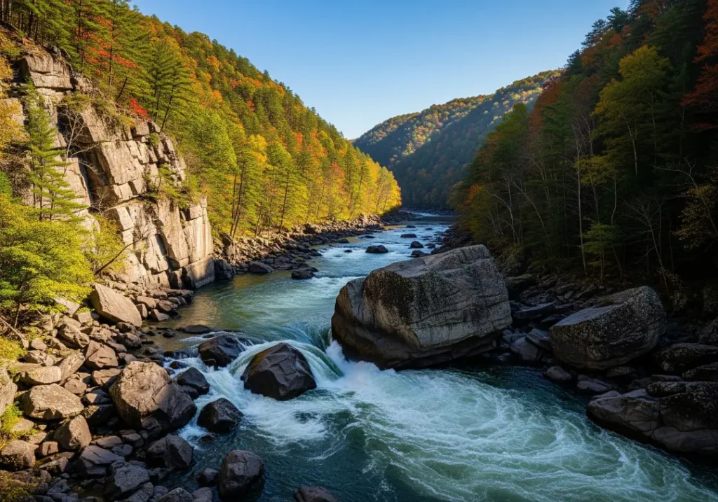 A wide, scenic view of the Gauley River, a powerful whitewater river flowing through a deep, forested canyon with large boulders.