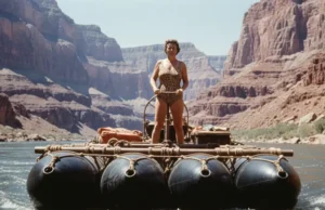 Georgie White Clark: The Technical Legacy of a Rafting Pioneer A vintage-style color photo of a woman in a leopard-print swimsuit on a massive, triple-pontoon rubber raft in the Grand Canyon.