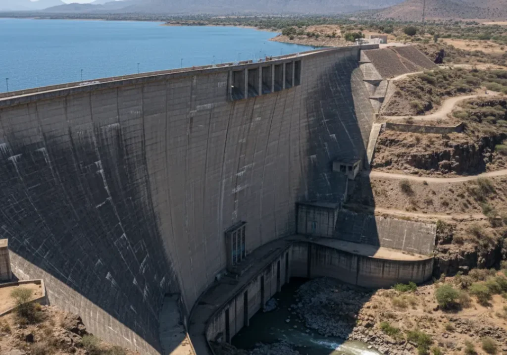 A wide smartphone photo showing the massive Gibe III Dam, with the large reservoir on one side and the reduced river flow on the other.