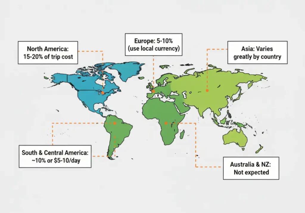 An infographic world map showing tipping customs for rafting guides in different regions. Callouts indicate: North America (15-20%), South America (~10%), Europe (5-10%), Asia (varies), and Australia/NZ (not expected).