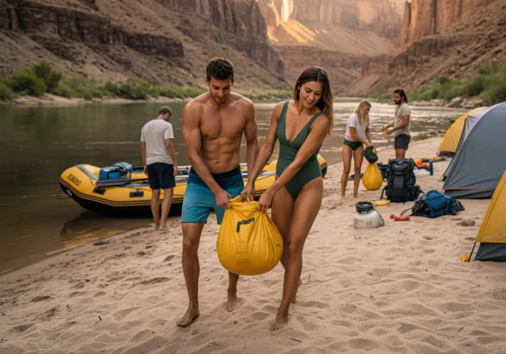 A group of young adult rafters sets up camp on a sandy river beach, with a man and woman carrying a heavy dry bag in the foreground.