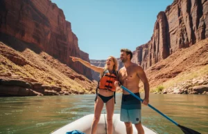 The Grand Canyon Rafting Matrix: Trip Intensity & Cost A full-body shot of an athletic young couple on a raft in the Grand Canyon, enjoying the sunny weather and spectacular scenery.