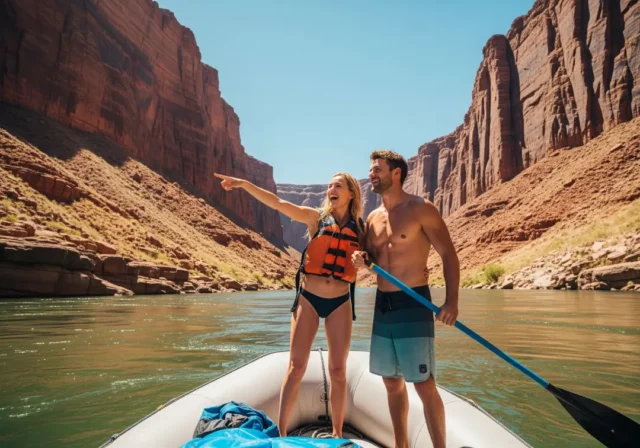 grand-canyon-rafting-couple A full-body shot of an athletic young couple on a raft in the Grand Canyon, enjoying the sunny weather and spectacular scenery.