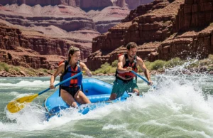 Grand Canyon Itinerary Mapped: Rafting by Skill Level Full-body shot of a young couple rafting through a major rapid in the Grand Canyon, with towering red rock walls in the background.