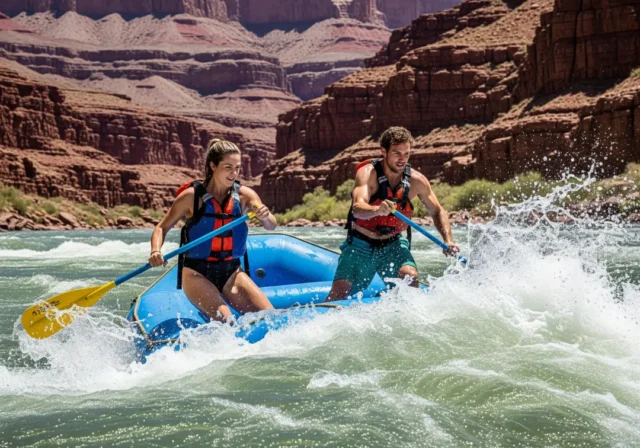 grand-canyon-rafting-itinerary-by-skill Full-body shot of a young couple rafting through a major rapid in the Grand Canyon, with towering red rock walls in the background.