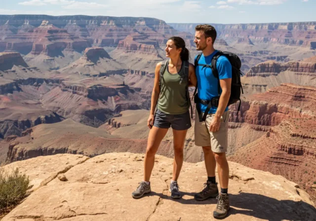 grand-canyon-rafting-training-hike An athletic man and woman in their late 20s, wearing hiking gear and backpacks, stand on a rocky ledge overlooking a massive desert canyon, training for a rafting trip.