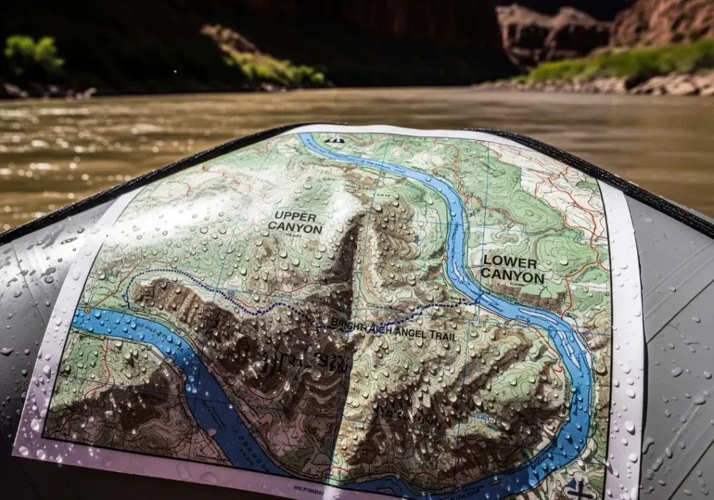 A close-up of a waterproof river map showing the different sections of the Grand Canyon, laid out on the side of a raft.