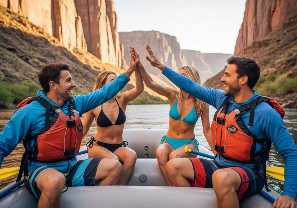 Full-body shot of four happy rafters in their late 20s, wearing splash jackets and swimsuits, celebrating in a raft on a scenic river.