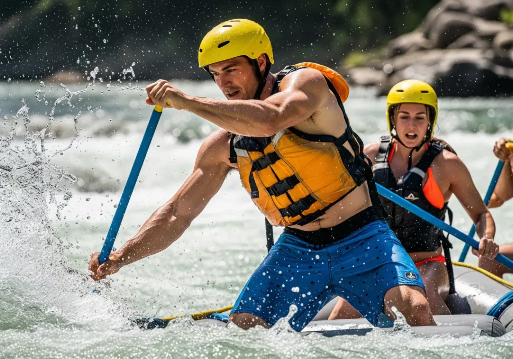 A full-body view of a muscular guide steering a raft with an oar through whitewater rapids as his crew paddles.