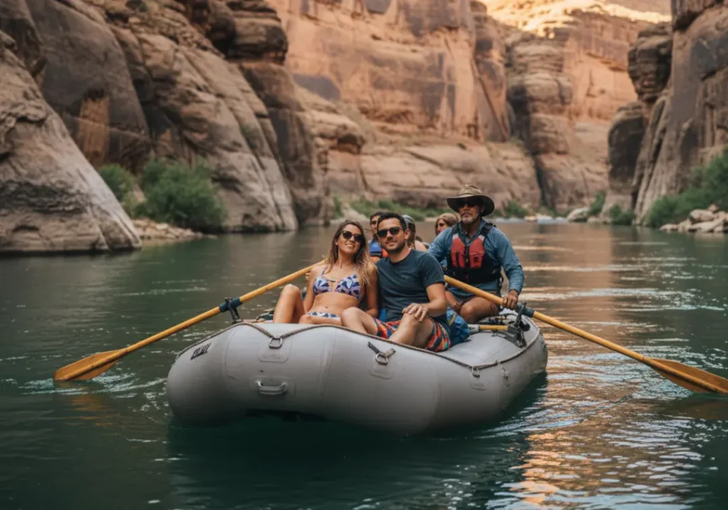 A couple enjoys a scenic, guided raft trip through a large canyon, representing a top family rafting company experience.