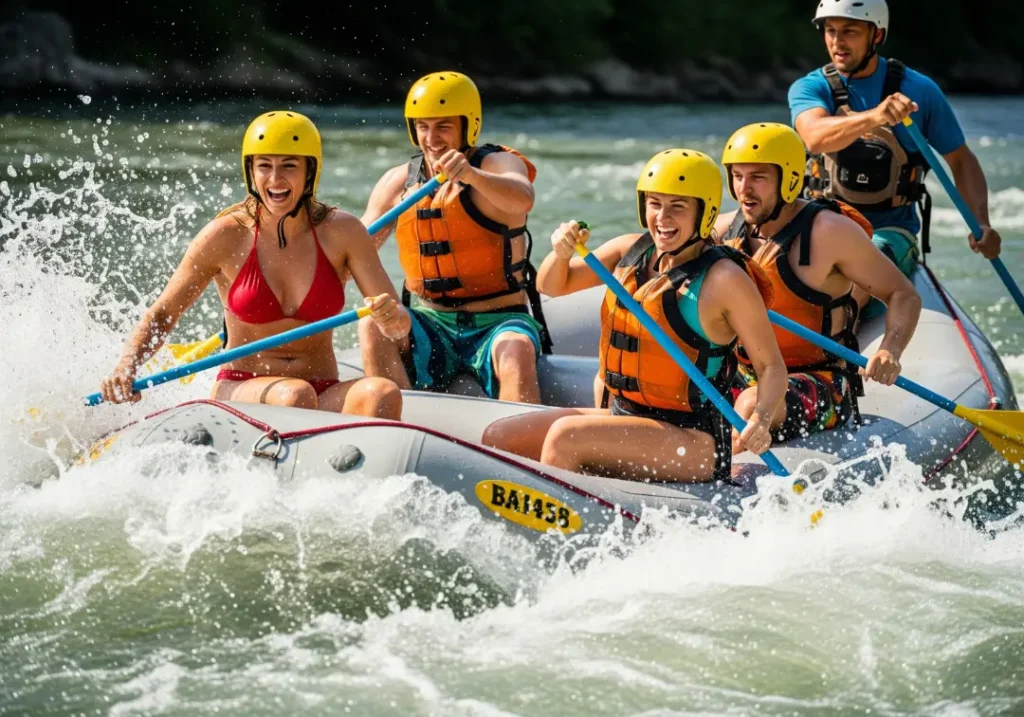 A full-body shot of a diverse group of happy friends in their late 20s paddling together on a guided whitewater rafting trip on a sunny day.
