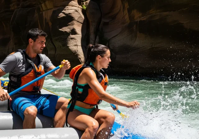 guiding-raft-whitewater-couple A full-body shot of a fit man and woman in their late 20s guiding a raft through whitewater rapids on a sunny day.