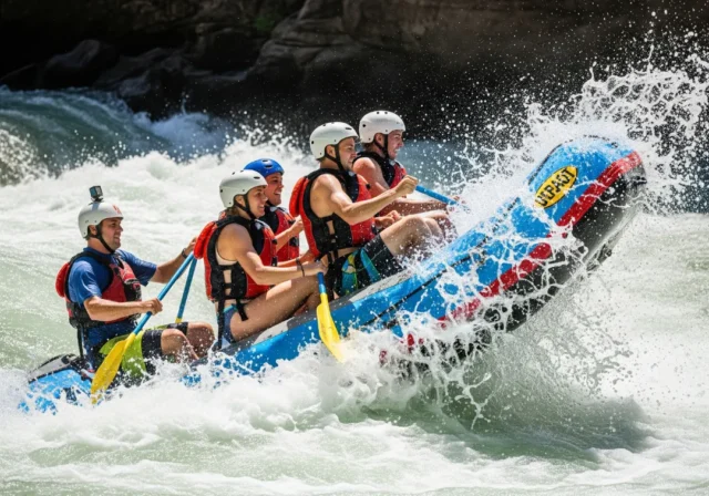 high-side-command-rafting-maneuver A full crew of rafters in a whitewater raft executing a high-side command, leaning hard onto the high side of the boat as it tilts in a powerful rapid.