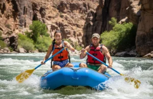 Rafting History: From Rapids to River Conservation A full-body shot of a young man and woman in their late 20s laughing as they paddle a raft through whitewater rapids in a sunny canyon.