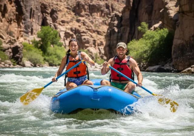 history-of-rafting-couple-in-rapids A full-body shot of a young man and woman in their late 20s laughing as they paddle a raft through whitewater rapids in a sunny canyon.