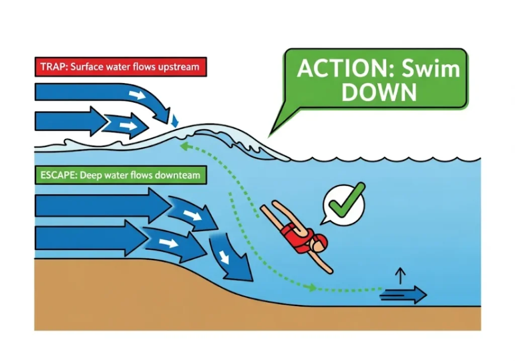 A diagram showing a swimmer how to escape a river hydraulic. It illustrates the wrong way (fighting the surface current) and the correct way (swimming down to catch the deep current that flows to safety)