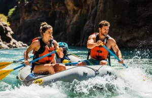 Read a River: A Hazard Identification System for Rafters A fit young couple in a raft navigate a sunny river canyon, looking ahead intently to read the water and identify hazards.