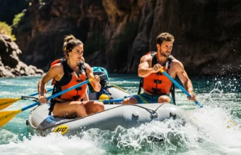 Read a River: A Hazard Identification System for Rafters A fit young couple in a raft navigate a sunny river canyon, looking ahead intently to read the water and identify hazards.