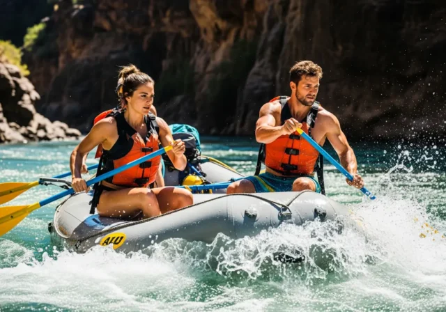 how-to-read-a-river-rafters A fit young couple in a raft navigate a sunny river canyon, looking ahead intently to read the water and identify hazards.