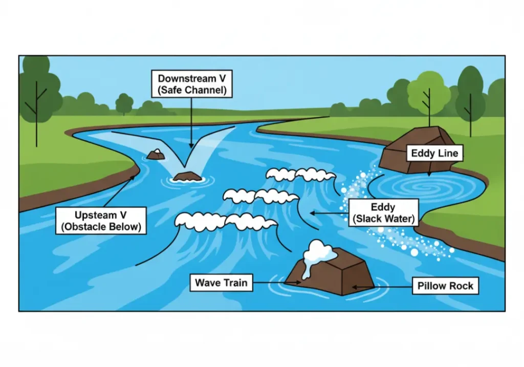 An infographic diagram labeling the key features of a river rapid. It shows and identifies the 'Downstream V,' 'Upstream V,' 'Eddy,' 'Eddy Line,' 'Wave Train,' and 'Pillow Rock' with clear pointers and labels.
