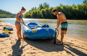 How to Rig a Raft to Flip: A Pro Guide to Safety A fit couple in their late 20s rigging a whitewater raft together on a sunny riverbank before a trip.