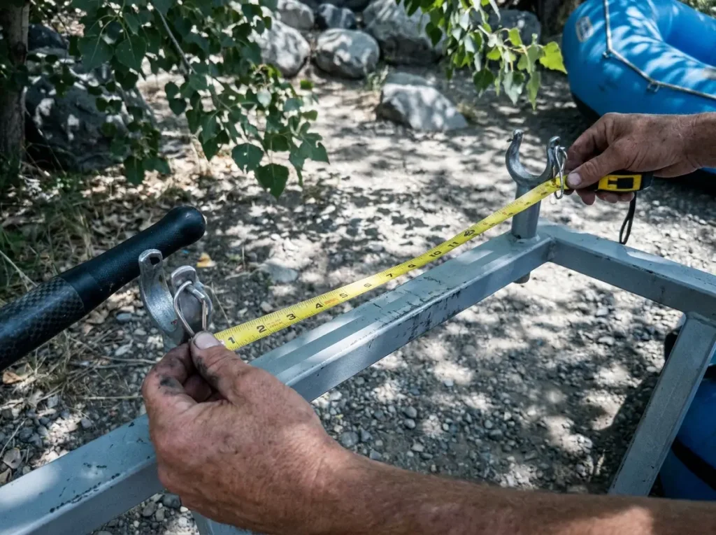 Rafter measuring lock-to-lock width on a raft frame to size oars