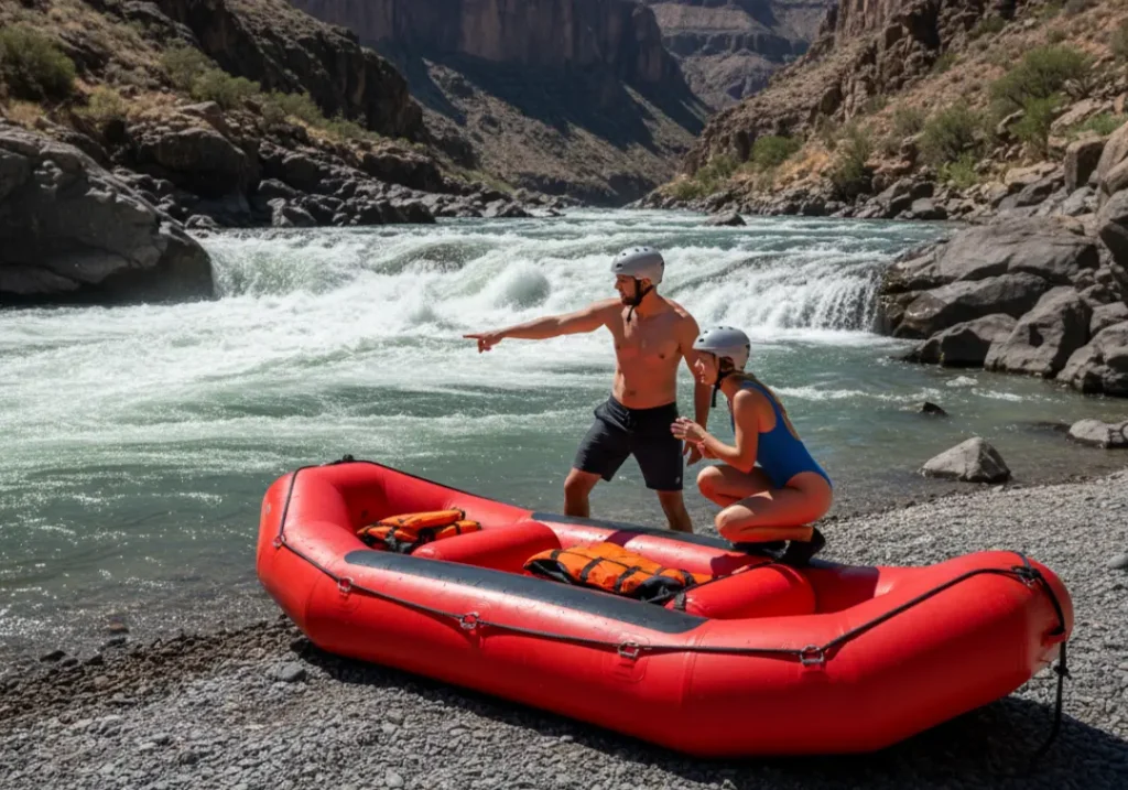 A full-body shot of a man and woman in rafting gear on a riverbank, planning their route through a difficult rapid.