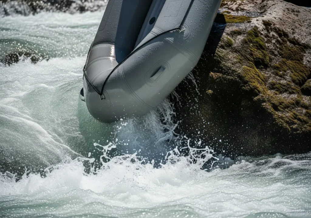 A close-up view of a river's powerful current deforming the side of an inflatable raft pinned against a large rock