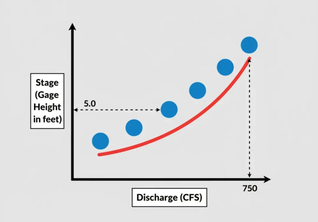 An infographic showing a simplified rating curve graph used in hydrology. The vertical Y-axis is labeled 'Stage (Gage Height in feet)' and the horizontal X-axis is 'Discharge (CFS).' A red curve passes through blue data points, illustrating the relationship between water height and flow rate