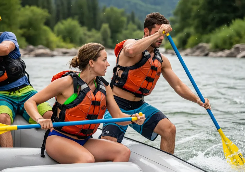 A full-body shot of a couple in a raft executing safety protocol; the man steers while the woman ignores the lost paddle floating away.