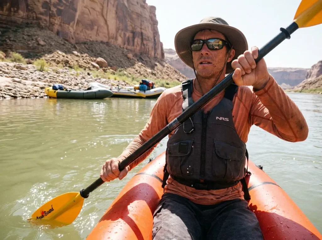 Paddler in an inflatable kayak using a long double-blade Aqua-Bound paddle sized in centimeters not inches