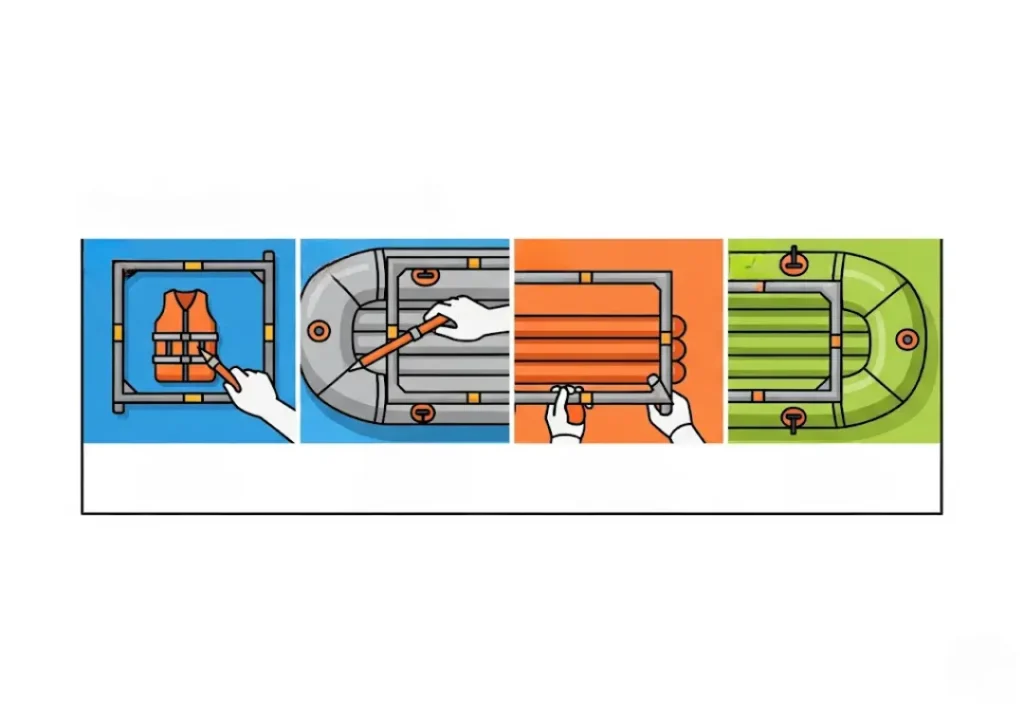 A 4-panel infographic diagram explaining how to secure a raft frame using counter-tension. Step 1 shows the frame on the raft. Step 2 shows the first diagonal strap. Step 3 shows the completed 'X' pattern. Step 4 shows the final rig with redundant straps.