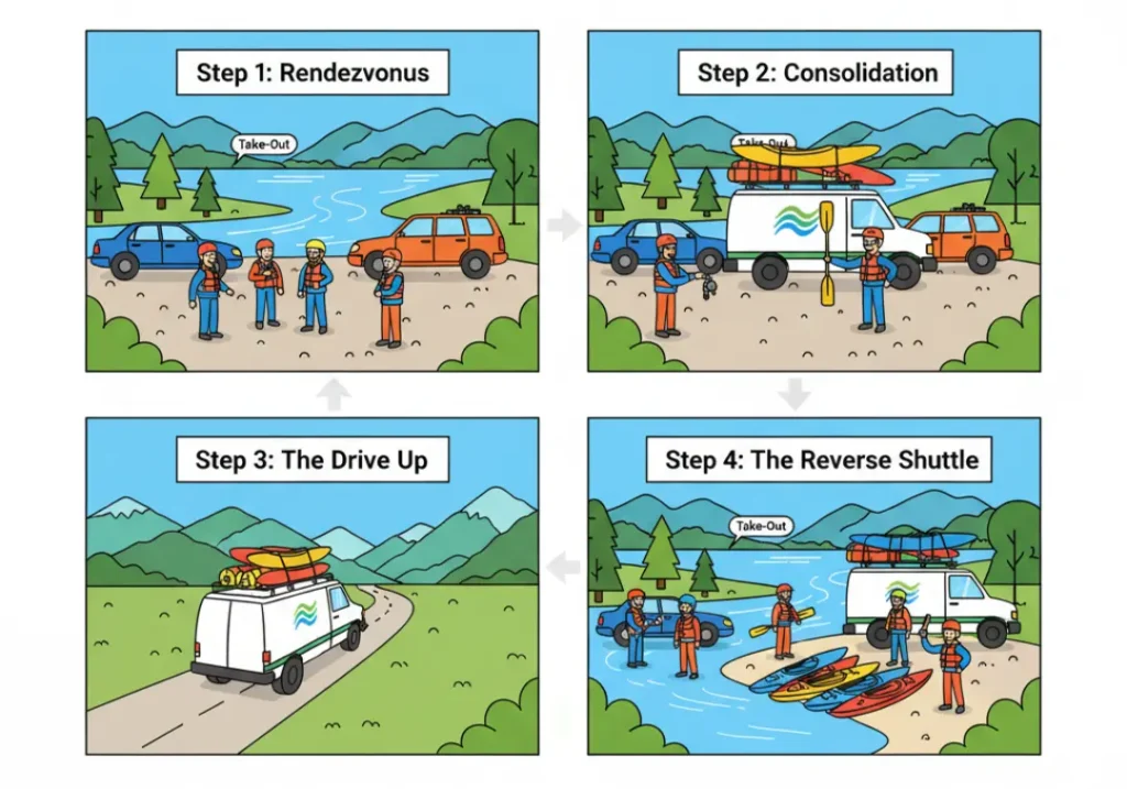 A 4-panel infographic in a modern cartoon style explaining the two-car shuttle system. Step 1 shows cars meeting at the river take-out. Step 2 shows gear being consolidated onto one vehicle. Step 3 shows the shuttle vehicle driving to the put-in. Step 4 shows a driver returning to get the shuttle vehicle after the trip.