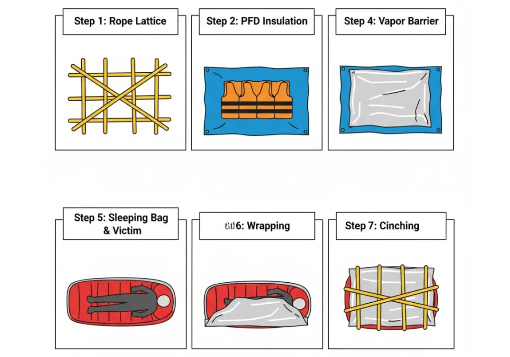 A 7-panel infographic illustrating the steps to create a raft-gear burrito wrap for a patient. Steps include laying a rope lattice, adding a tarp, PFDs, a vapor barrier, a sleeping bag with the victim, wrapping it, and cinching it closed.